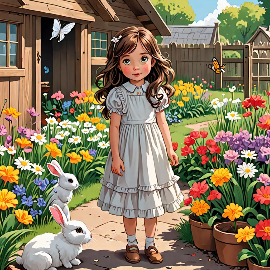 a little girl standing next to a bunny in a garden with flowers and a house in the background with a butterfly on it, magic realism, a storybook illustration, Alice Prin, storybook illustration