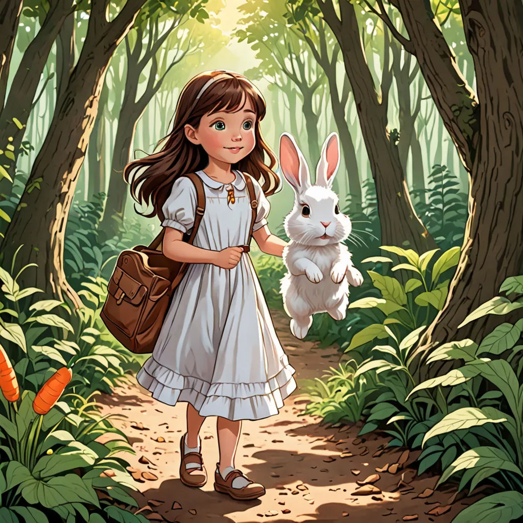 a girl in a white dress holding a rabbit in a forest with trees and grass behind her and a butterfly flying above her, magical realism, a storybook illustration, Alice Prin, storybook illustration