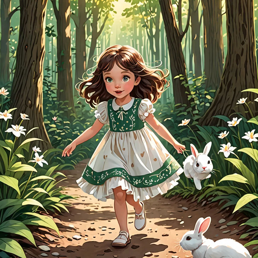 a little girl in a dress is walking with a bunny in the woods by herself and a white rabbit in the foreground, magic realism, a storybook illustration, Alice Prin, storybook illustration