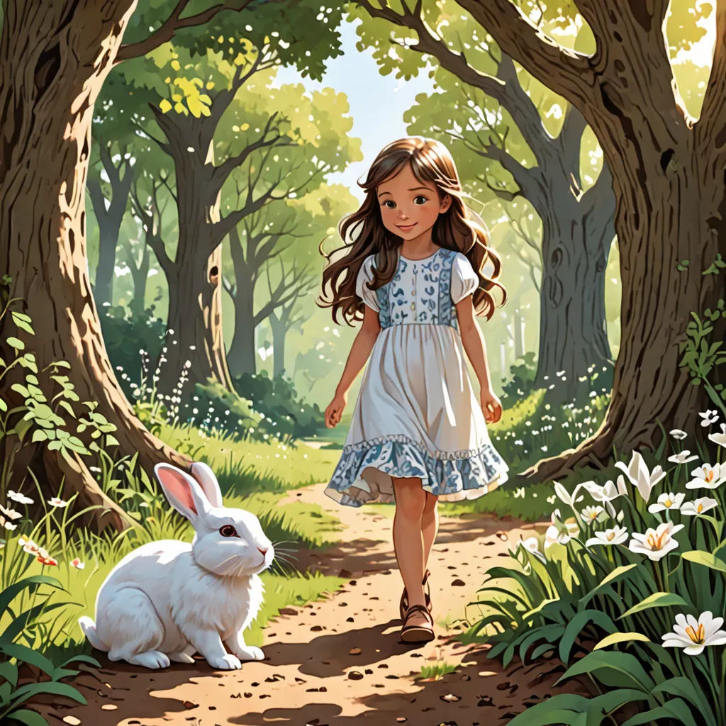 a painting of a girl walking down a path with a bunny in the foreground and a tree in the background, magical realism, a storybook illustration, Alice Prin, storybook illustration