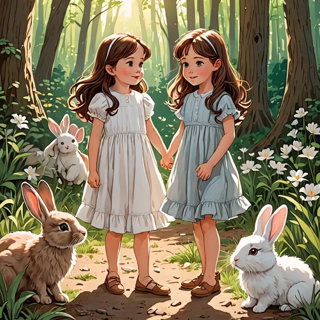 two girls in a forest with rabbits and flowers on the ground and trees in the background, one holding hands, magic realism, a storybook illustration, Brothers Hildebrandt, rossdraws global illumination