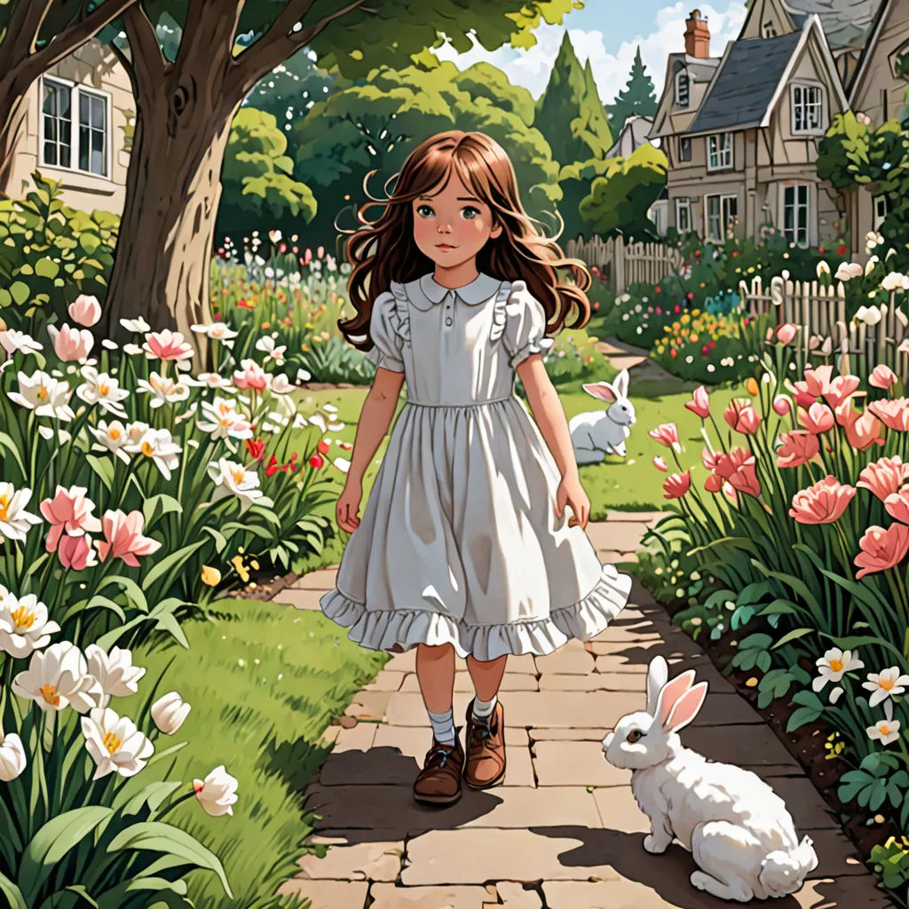 a little girl walking down a path with a bunny in front of her and a house in the background, magical realism, a storybook illustration, Alice Prin, official art