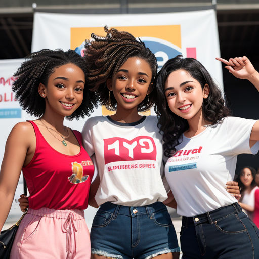three young women posing for a picture together in front of a banner and a stage with a sign that says, i love america