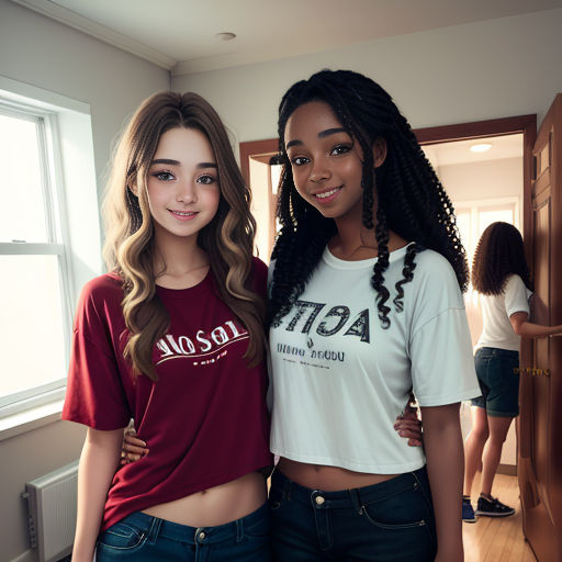 two girls standing next to each other in a room with a window and a door in the background, both wearing short jeans and a red shirt