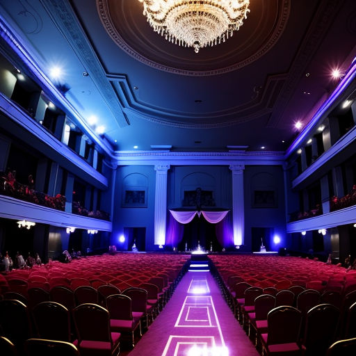 a large room with a chandelier and rows of chairs in it and a stage with a long row of red seats