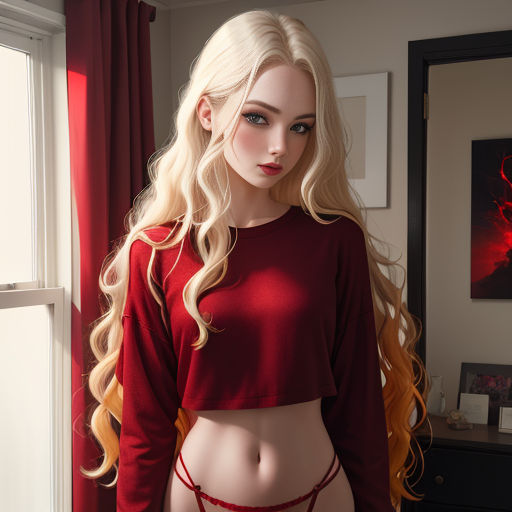 a blonde doll with long hair wearing a red top and panties with a red background and a red curtain