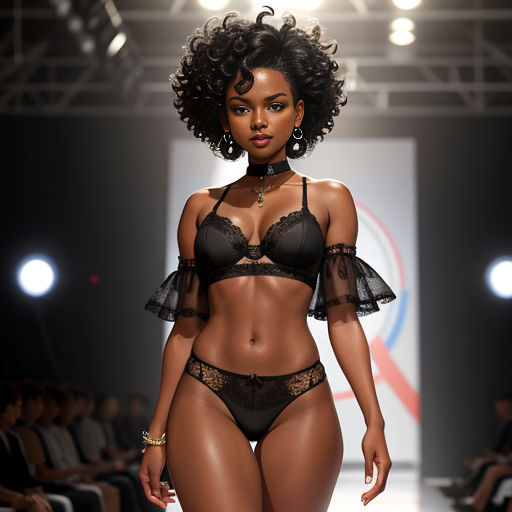a model walks the runway in a bra and panties with sheer laces on the sides of her bra
