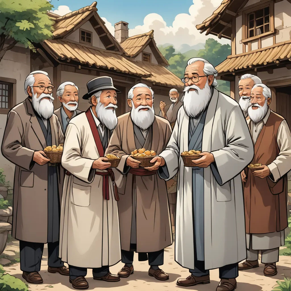 a group of old men standing next to each other holding bowls of food in their hands and looking at the camera, private press, a comic book panel, Byeon Sang-byeok, official art