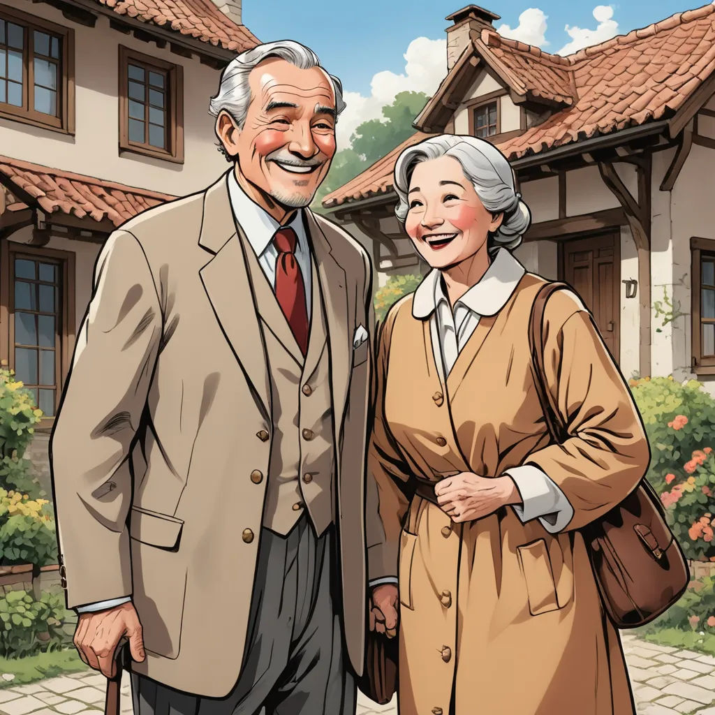 a man and woman standing in front of a house with a cane and cane in their hands, smiling, american scene painting, a comic book panel, Brothers Hildebrandt, official art
