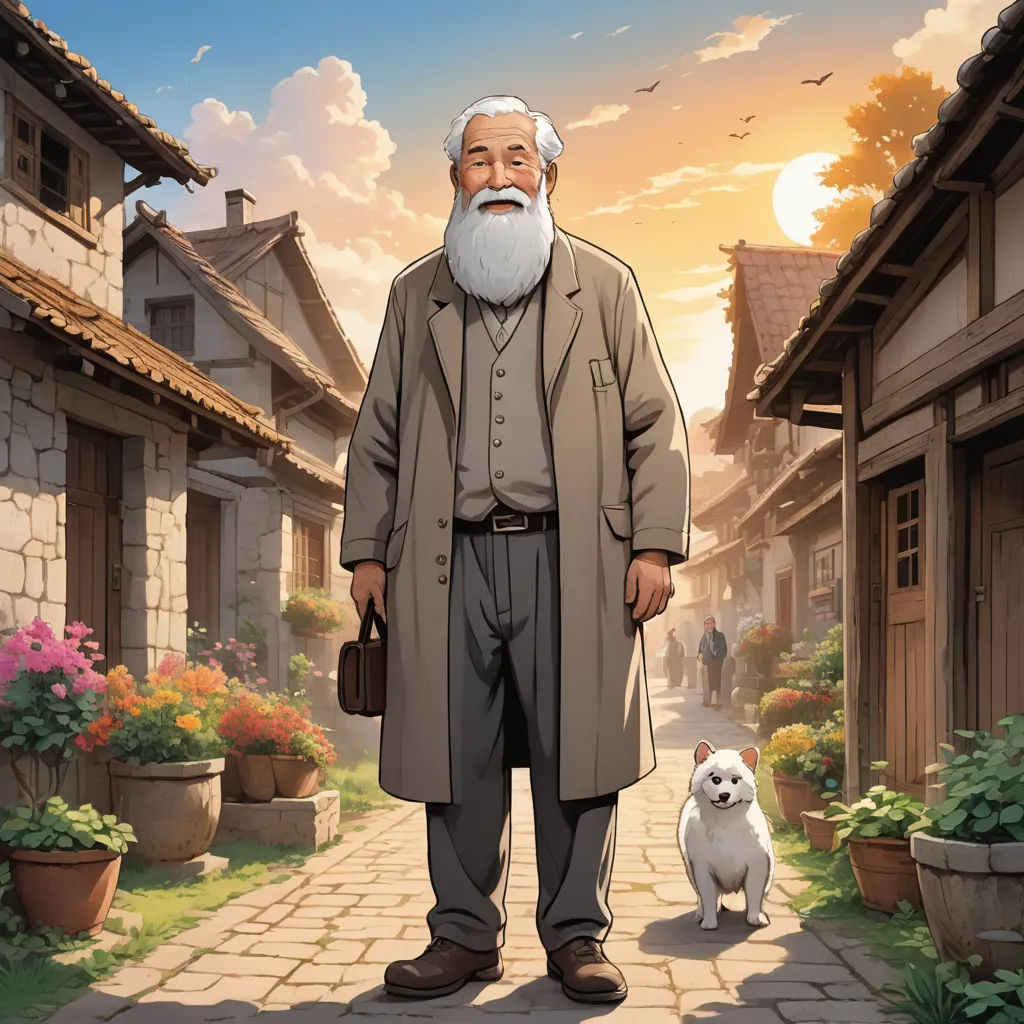 a man with a white beard and a white dog standing in front of a house with a dog on a leash, socialist realism, a character portrait, Drew Struzan, official art