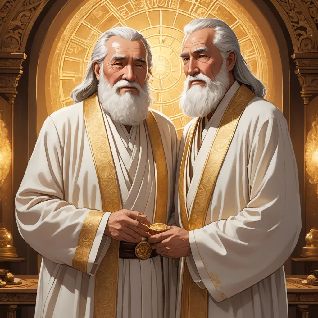 two men in white robes standing next to each other in front of a golden door with a circular window, fantasy art, a detailed painting, Brothers Hildebrandt, official art