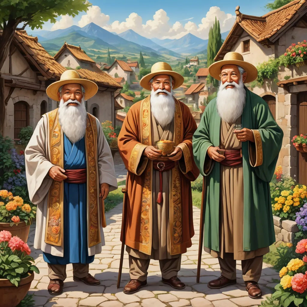 three men in traditional chinese clothing standing in a garden with flowers and a mountain in the background, with a sky background, fantasy art, a detailed painting, Brothers Hildebrandt, kinkade