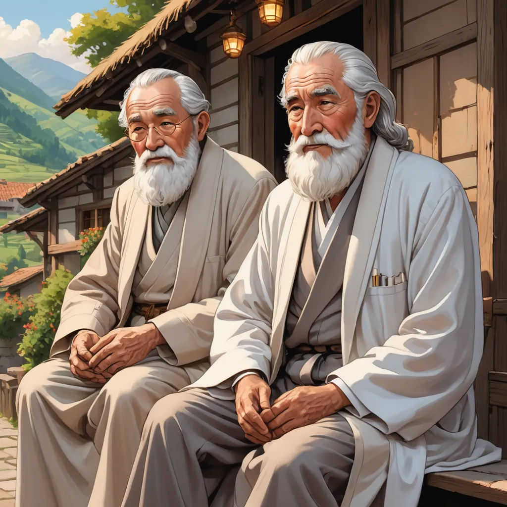 two older men sitting on a bench in front of a house with mountains in the background and a sky with clouds, ukiyo-e, a detailed painting, Brothers Hildebrandt, official art