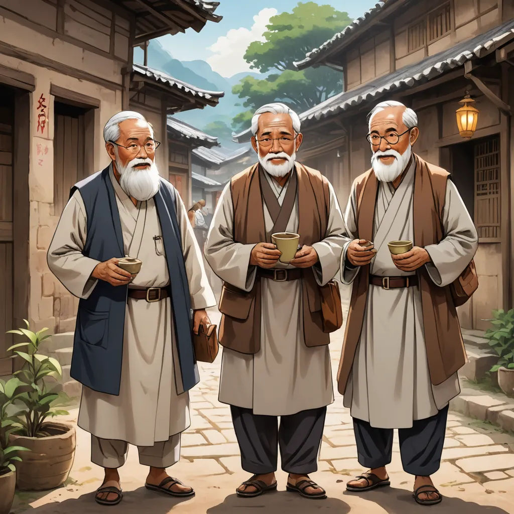 three asian men standing in a courtyard with cups of coffee in their hands and a lantern in the background, art & language, a storybook illustration, Brothers Hildebrandt, highly detailed digital painting