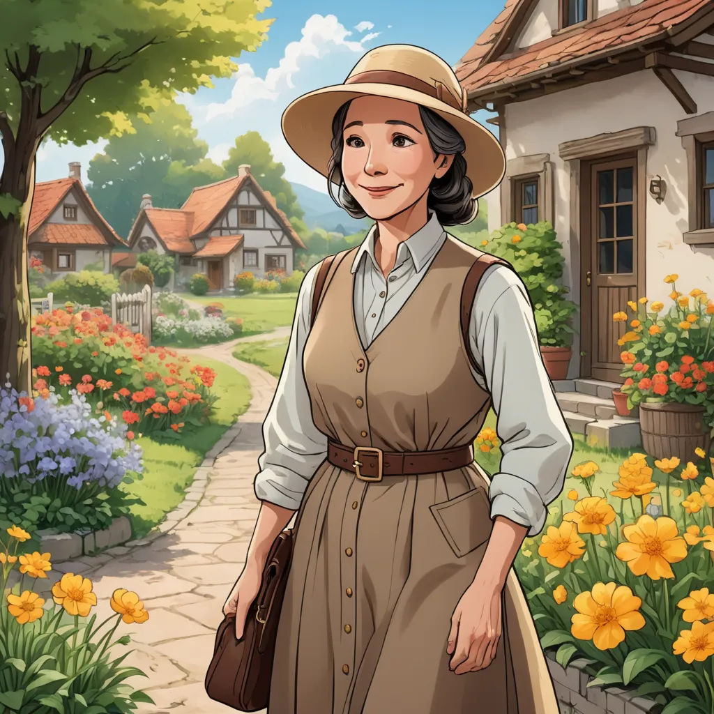 a woman in a hat and dress standing in front of a flower garden with a house in the background, american scene painting, a character portrait, Anne Said, official art