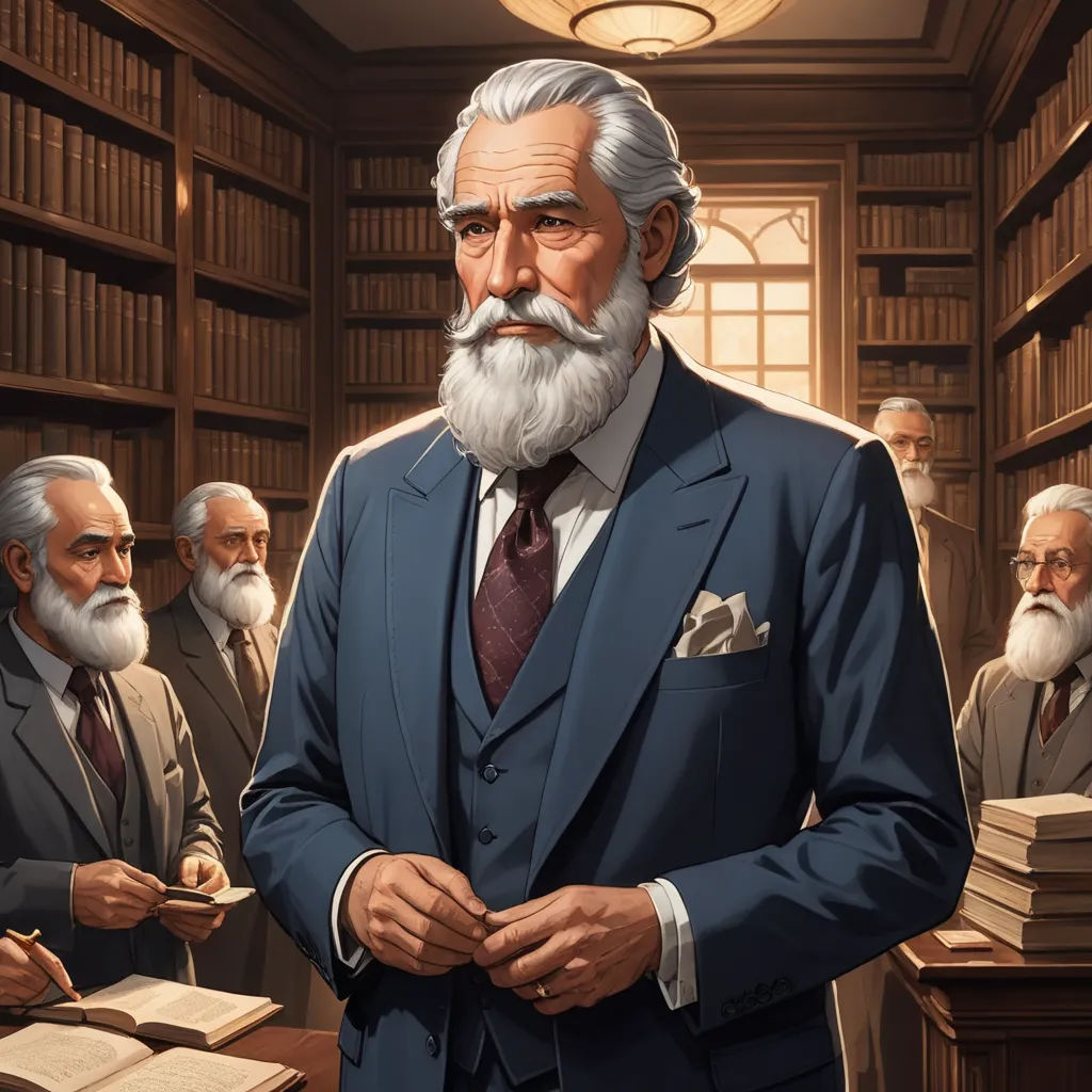 a painting of a man in a suit standing in a library with other men in suits and ties behind him, socialist realism, a detailed painting, Ernst Haeckel, official art