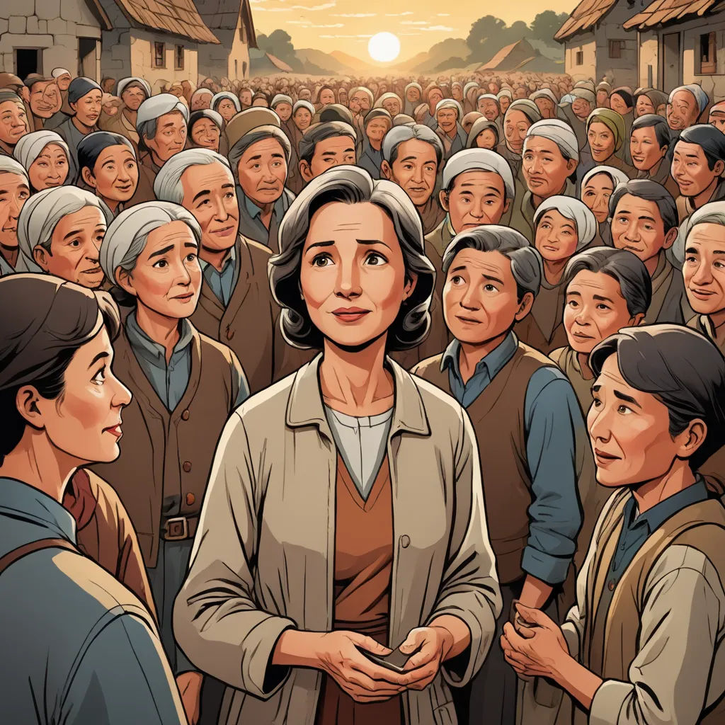 a woman standing in front of a crowd of people with a sun in the background and a sky in the background, serial art, a comic book panel, Chen Yifei, graphic novel