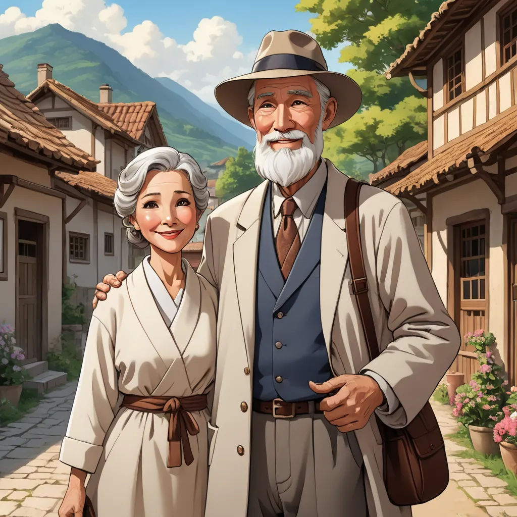 a man and woman standing in front of a house with a mountain in the background and a house with a mountain in the background, american scene painting, a storybook illustration, Evgeny Lushpin, official art