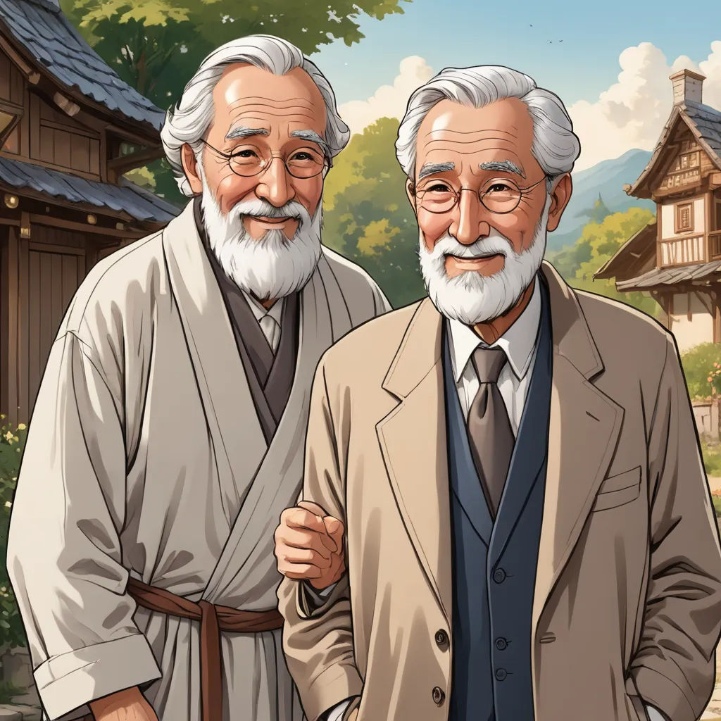 two older men standing next to each other in front of a house with a garden and trees in the background, fantastic realism, a storybook illustration, Brothers Hildebrandt, ghibli