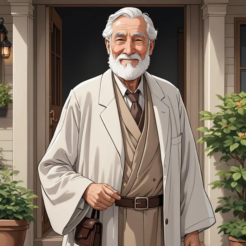 a man with a white beard and a white beard wearing a suit and tie standing in front of a house, arts and crafts movement, a character portrait, Edwin Georgi, official art