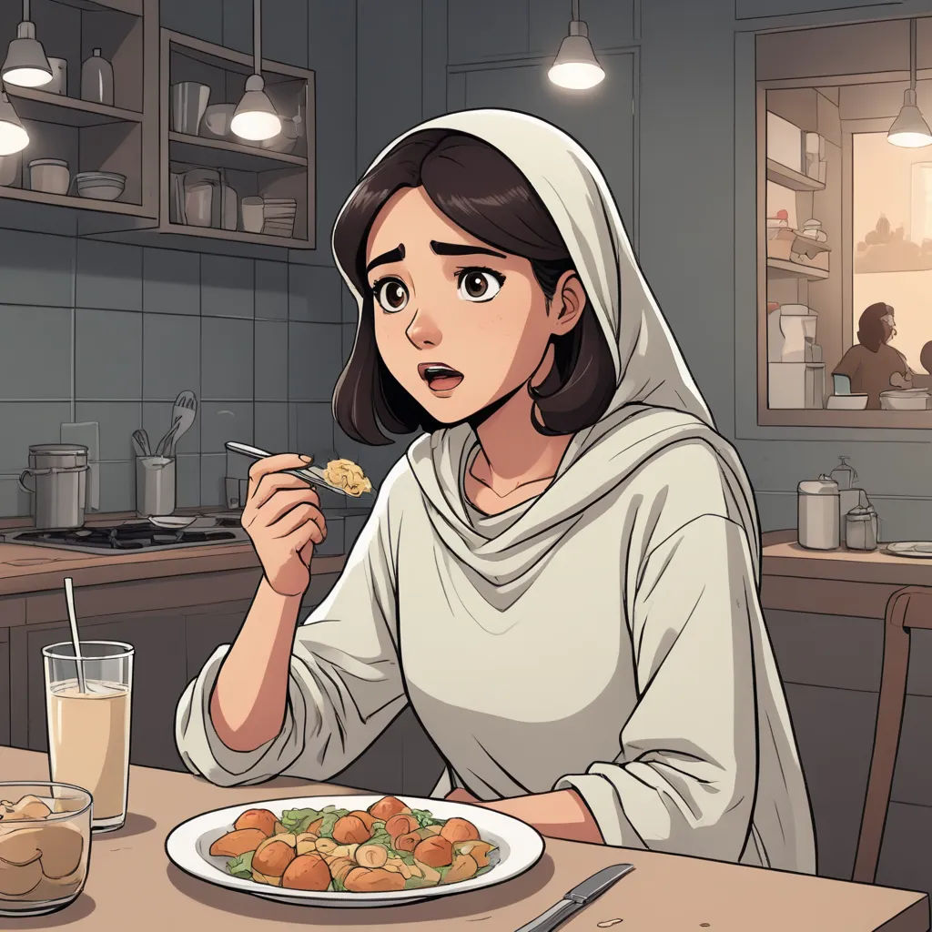 a woman sitting at a table eating food with a fork and knife in her hand, with a glass of milk in the background, serial art, a comic book panel, Asaf Hanuka, comic cover art