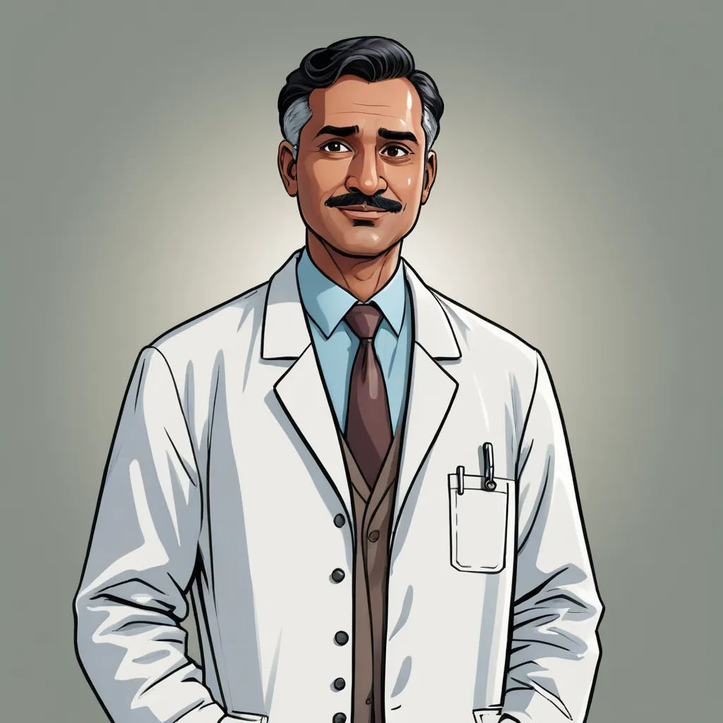 a man in a lab coat and tie standing with his hands in his pockets and looking at the camera, samikshavad, a character portrait, Bhupen Khakhar, character portrait