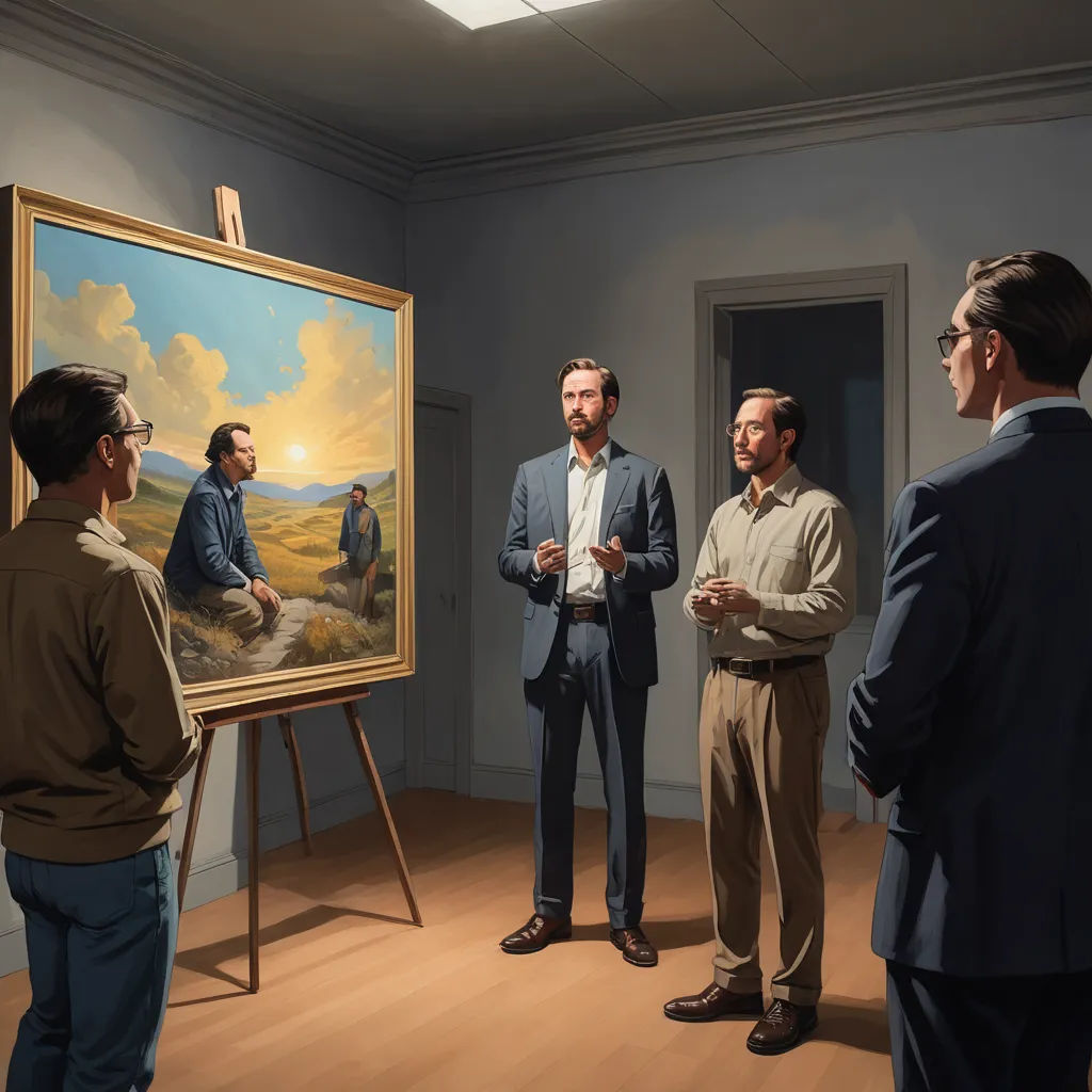 a group of men standing around a painting in a museum looking at it's surroundings and talking to each other, serial art, a painting, Brothers Hildebrandt, edward hopper and james gilleard