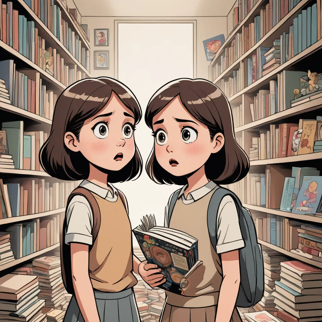 two girls standing in a library with books in their hands and looking at each other with a surprised look on their faces, shock art, a comic book panel, Artgerm, comic book