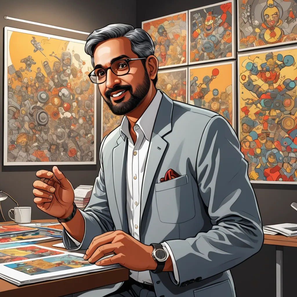 a man in a suit and glasses is holding a tablet and pointing at it with a lot of pictures on the wall behind him, process art, a comic book panel, Chip Zdarsky, comic book