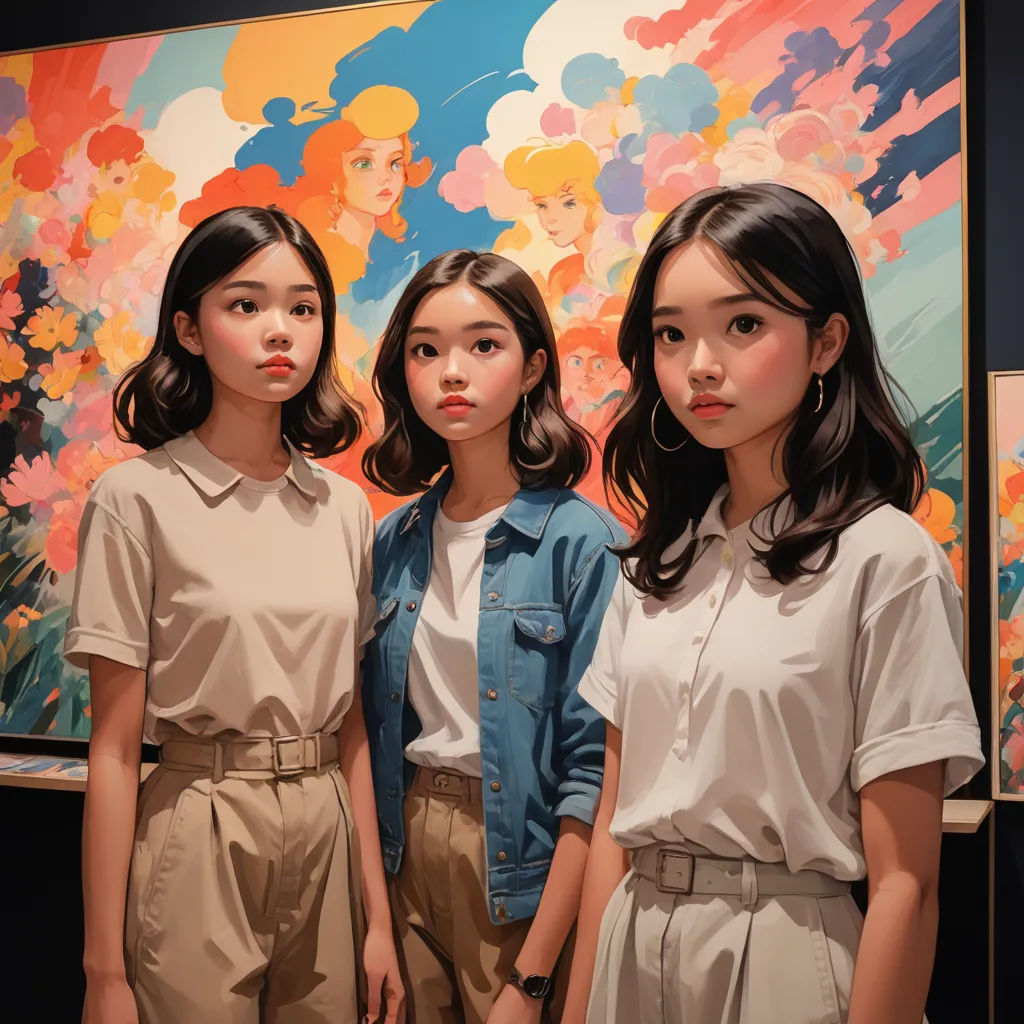 three girls standing in front of a painting of flowers and a woman in a white shirt and tan pants, cloisonnism, a hyperrealistic painting, Artgerm, anime visual