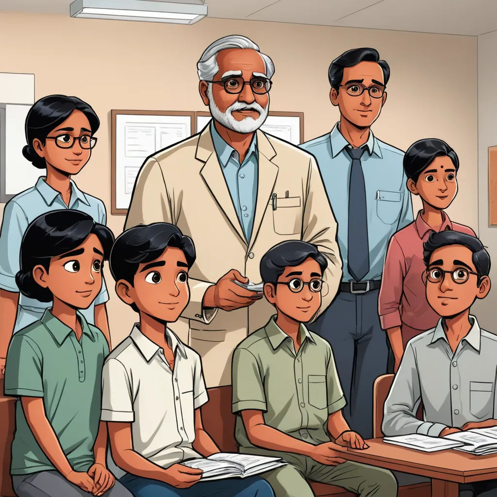 a group of people standing around a man in a suit and tie in a classroom with a man in the middle, bengal school of art, a comic book panel, Bapu, official art