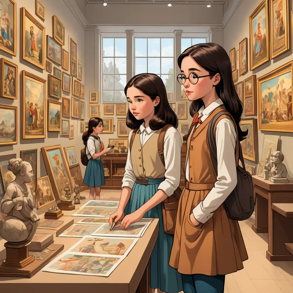two girls looking at pictures in a museum with a man looking on from the other side of the room, bengal school of art, a comic book panel, Art & Language, official art