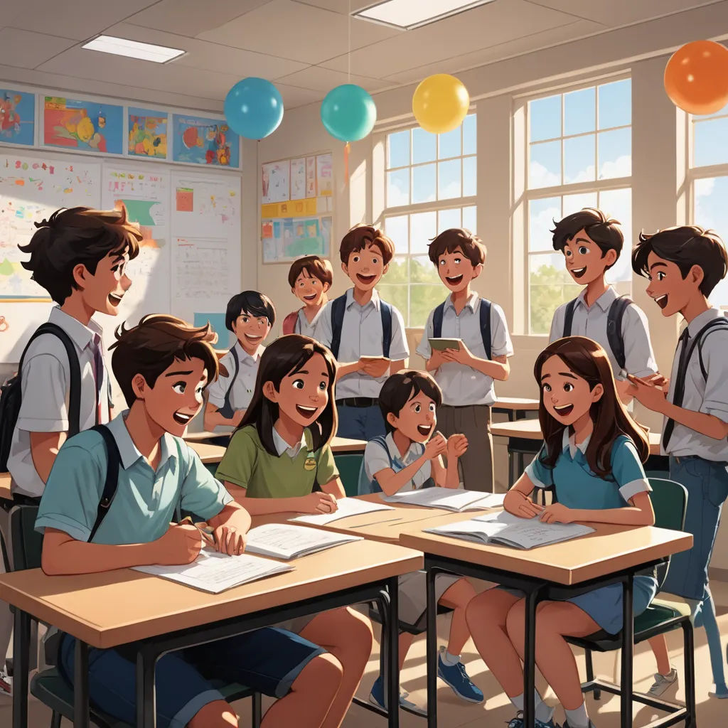 a group of children sitting at desks in a classroom with balloons in the background and a teacher standing in front of them, american scene painting, a detailed painting, Beeple, official art