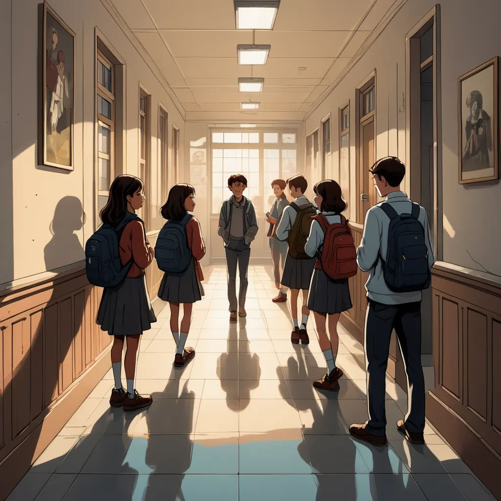 a group of people standing in a hallway next to a doorway with a painting on the wall behind them, serial art, a comic book panel, Atey Ghailan, rossdraws global illumination