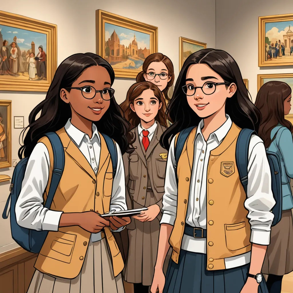 a group of girls standing in a museum looking at a book in front of them is a man in a suit, serial art, a comic book panel, Art & Language, official art