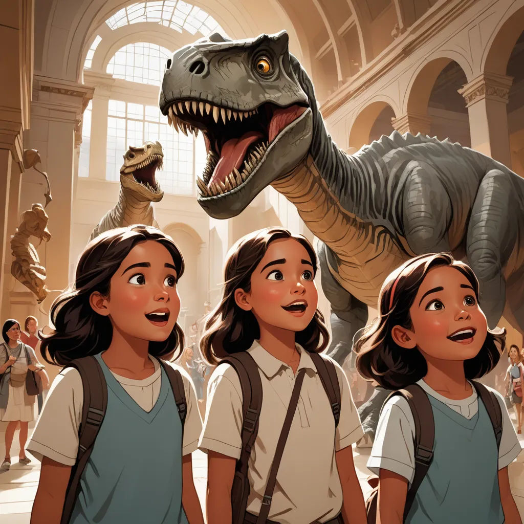 a group of children standing next to a dinosaur in a museum with a dinosaur on its back and a girl standing next to it, process art, a comic book panel, Adam Rex, official art