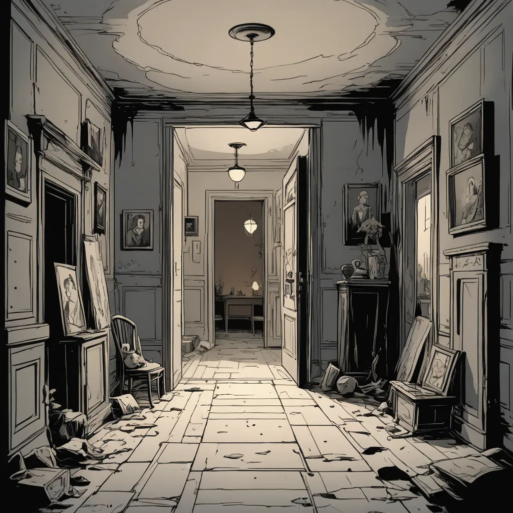 a hallway with a bunch of pictures on the wall and a bunch of pictures on the floor in the hallway, modern european ink painting, a comic book panel, Asaf Hanuka, graphic novel