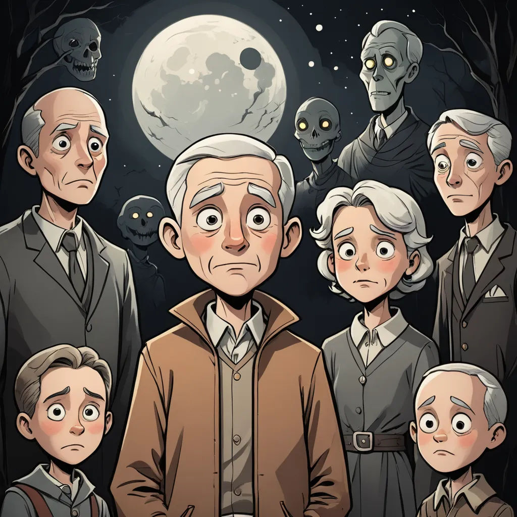a group of people standing in front of a full moon with a creepy face on it's face, sots art, a character portrait, Dean Roger, comic cover art