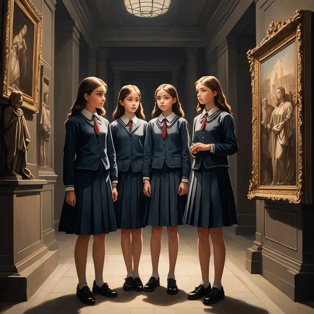 a group of girls standing in a room next to a painting of a woman in a blue dress and a man in a suit, paris school, a hyperrealistic painting, Dino Valls, hyper real