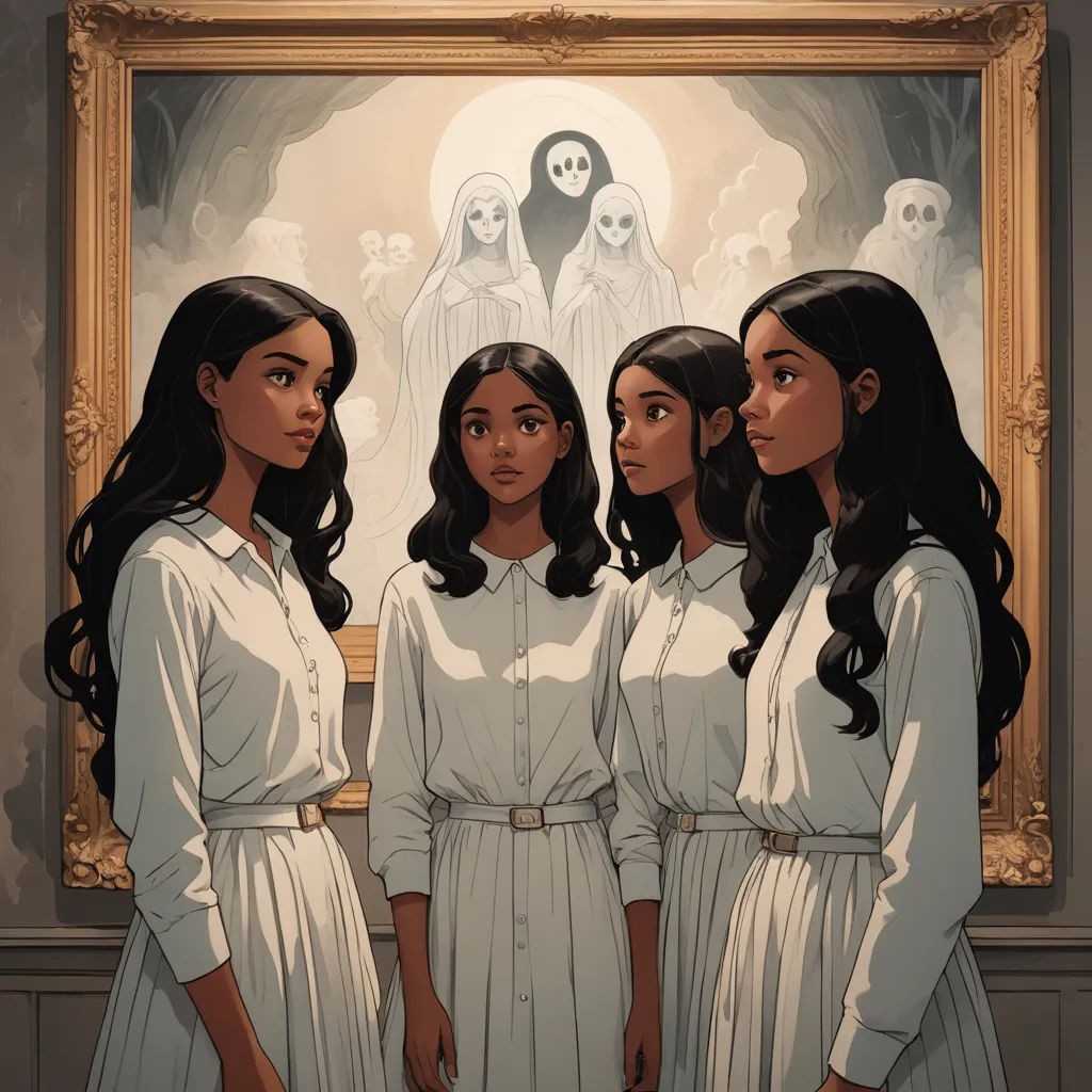 three girls standing in front of a painting of a ghost and a ghost man in the background with a ghost behind them, serial art, poster art, Barron Storey, comic cover art