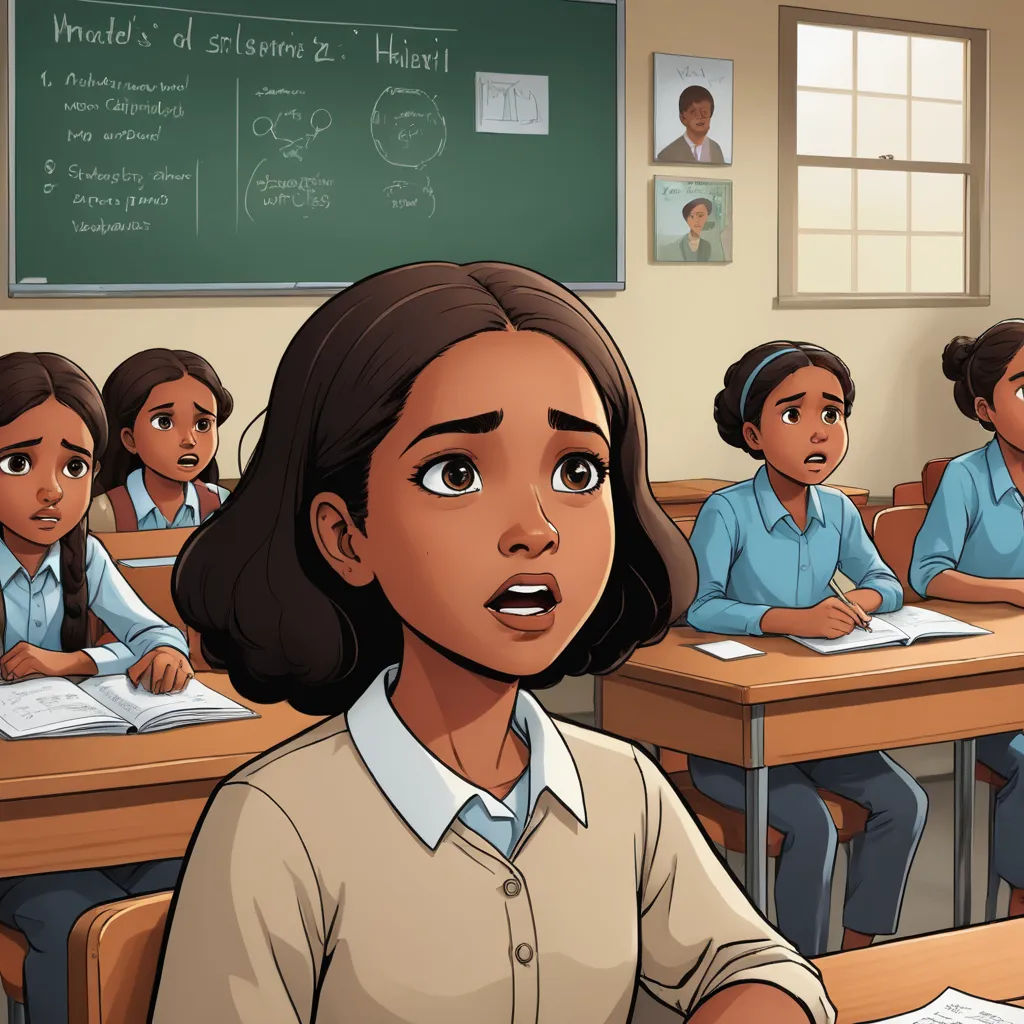 a cartoon of a girl in a classroom with other students in the background looking at her with a surprised look on her face, serial art, a comic book panel, Afewerk Tekle, comic cover art