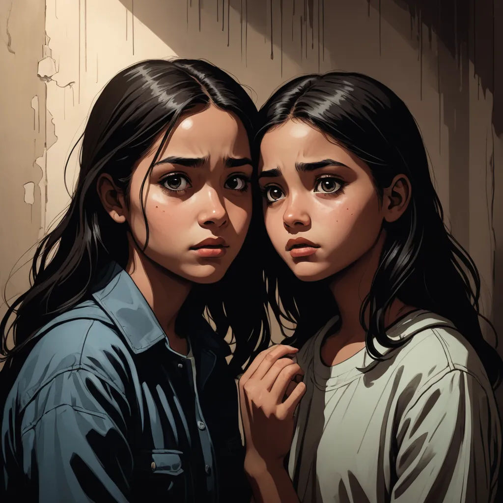 two young girls standing next to each other in a room with a wall painted in the background and a light shining on them, serial art, a comic book panel, Artgerm, comic cover art