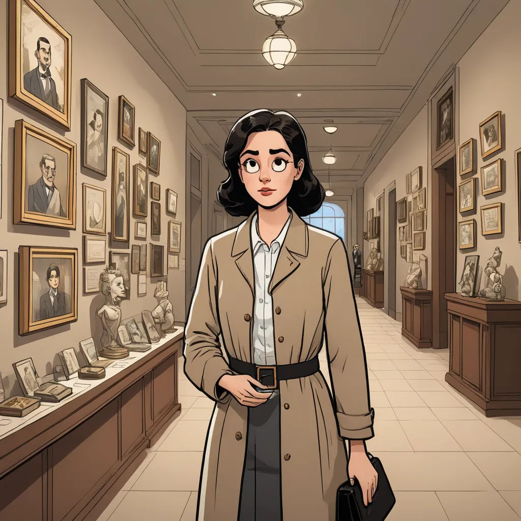 a woman in a trench coat standing in a museum with a case of photos on the wall behind her, serial art, a comic book panel, Ada Gladys Killins, official art
