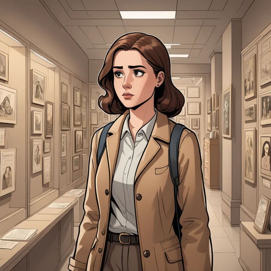a woman in a brown jacket and a white shirt is standing in a museum with a backpack on her shoulder, academic art, a comic book panel, Clarice Beckett, official art