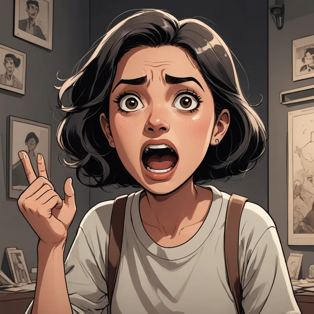 a woman making a shocked face in a room with pictures on the wall and a man in the background, shock art, a comic book panel, Artgerm, comic cover art