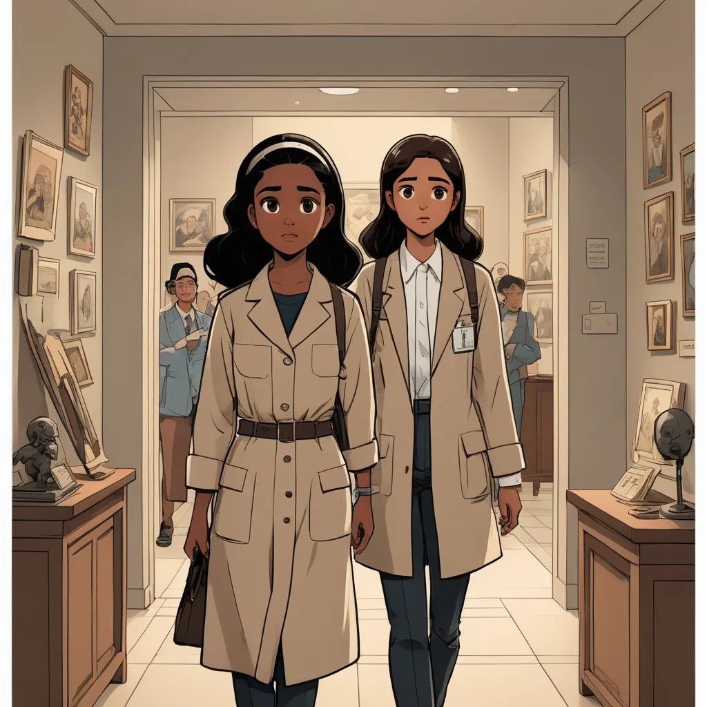 two women walking down a hallway in a museum with a man in the background looking at them in the distance, harlem renaissance, a comic book panel, Asaf Hanuka, comic cover art