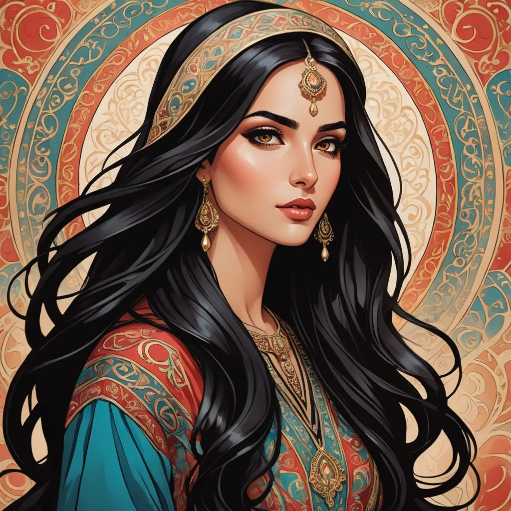 a woman with long hair wearing a blue dress and gold jewelry, with a circular background that has a gold and red design, qajar art, a detailed painting, Edwin Georgi, highly detailed digital painting