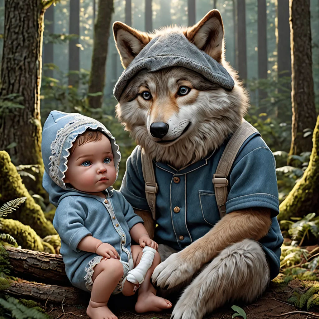 a painting of a baby and a wolf in the woods with a baby doll in front of them,, furry art, a storybook illustration, Caspar Wolf, ultra realistic digital art