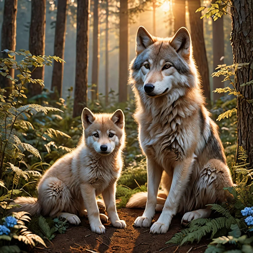 two wolfs sitting in the woods with the sun shining through the trees behind them and the dog is looking at the camera, furry art, a stock photo, Caspar Wolf, animal photography