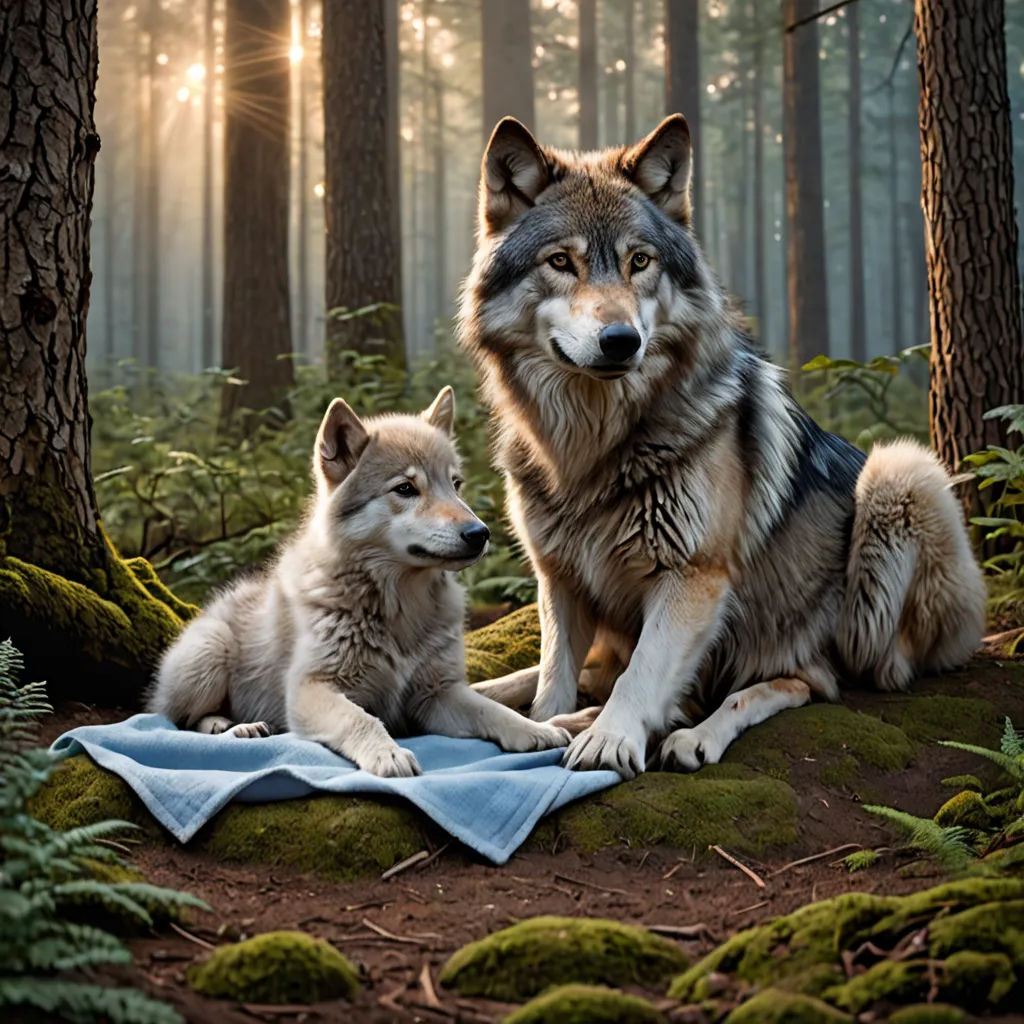 two wolfs sitting in the woods with a blanket on the ground and a forest background with trees and grass, naturalism, a storybook illustration, Caspar Wolf, animal photography